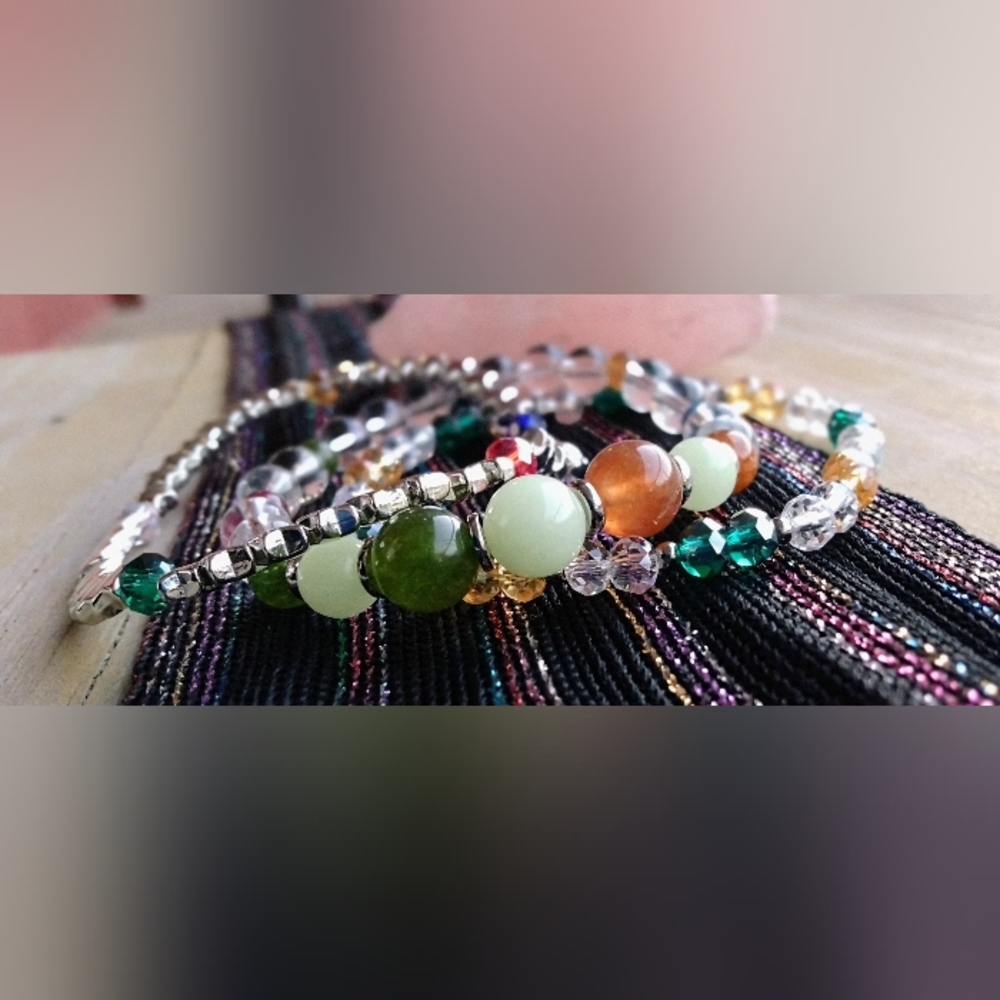 Rainbow Tourmaline and Clear Quartz bracelet set. Glow in the dark